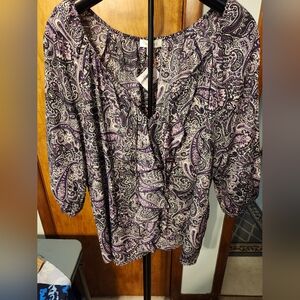 DRESSBARN Purples & White Elastic Neckline & Bottom of 1/2 Sleeves Top Size 2X